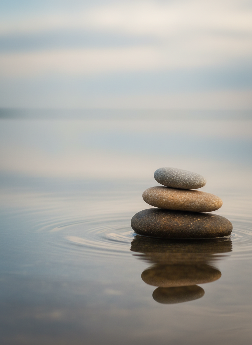 A carefully arranged stack of three smooth, flat stones in soft shades of dove grey, sand, and warm charcoal rises from a calm water surface. The stones are perfectly balanced, their textures subtly varied but refined, while the water around them is glasslike, reflecting a muted, clouded sky in tones of porcelain blue and soft beige. Gentle, diffused light, as if from an overcast dawn, softly illuminates the stones, creating delicate highlights along their edges and faint ripples extending outward. The mood is deeply serene and meditative, suggesting inner alignment and spiritual equilibrium. Shot at a low, eye-level angle with the stones framed asymmetrically to the right, the background recedes into a smooth, minimalist blur. The photographic style is clean and elegant, with a muted palette and graceful negative space.